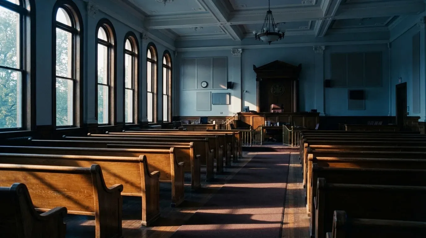 An empty courtroom with wooden benches in morning light