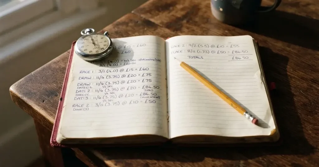 An open notebook with a pencil and a stopwatch on a wooden table