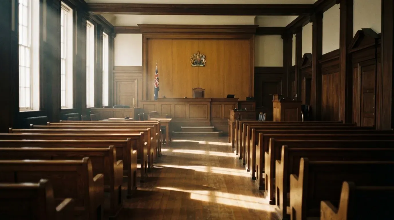 An empty courtroom with wooden benches in morning light