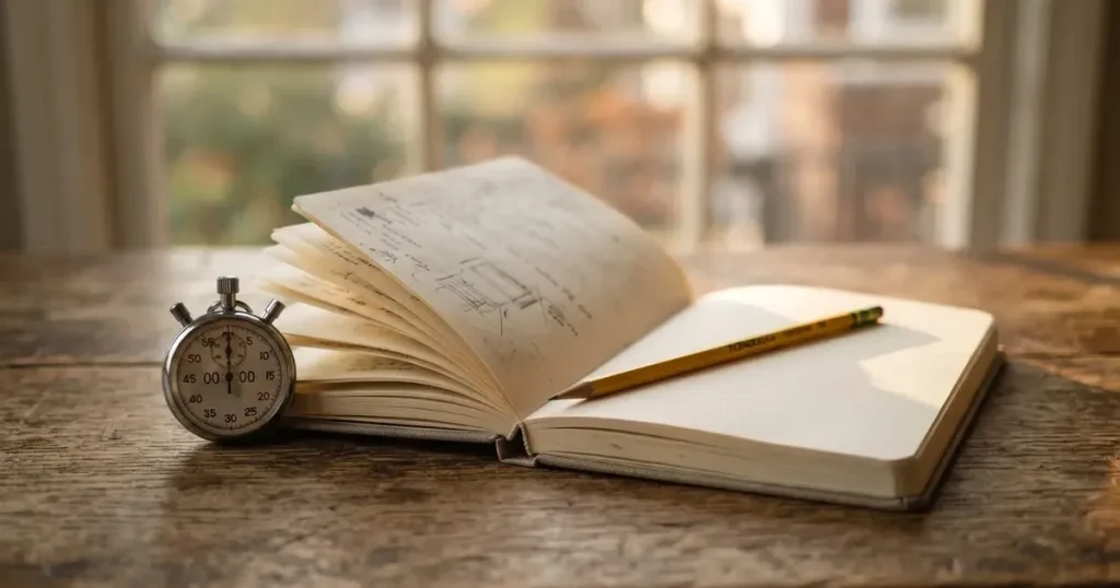 An open notebook with a pencil and a stopwatch on a wooden table