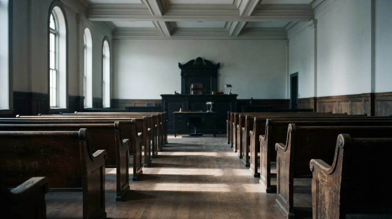 An empty courtroom with wooden benches in morning light