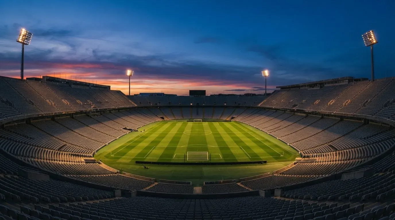 An empty football stadium with floodlight masts at dusk