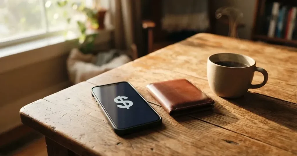 A smartphone on a wooden table beside a wallet and a coffee cup