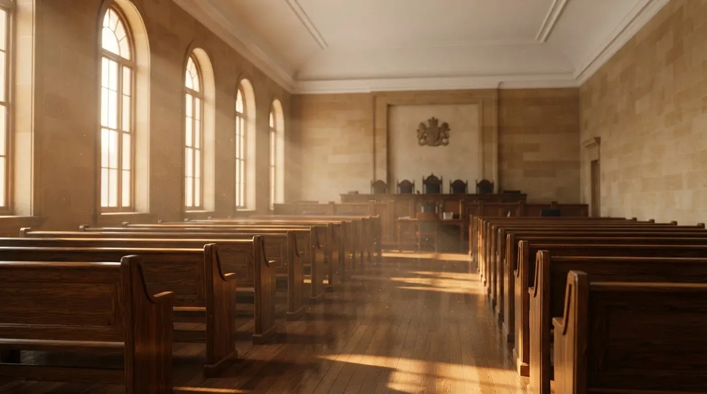 An empty courtroom with wooden benches in morning light