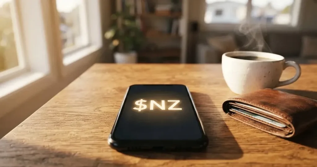 A smartphone on a wooden table beside a wallet and a coffee cup