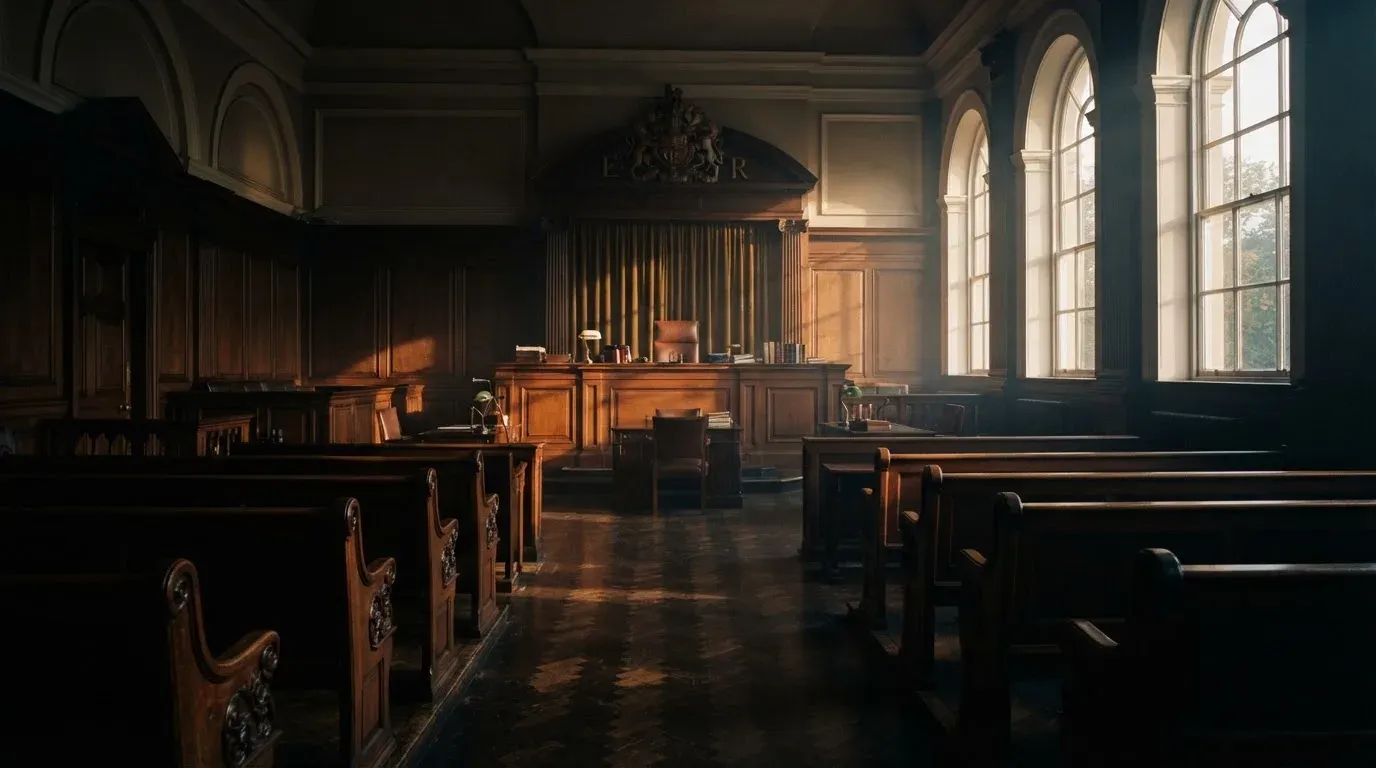An empty courtroom with wooden benches in morning light