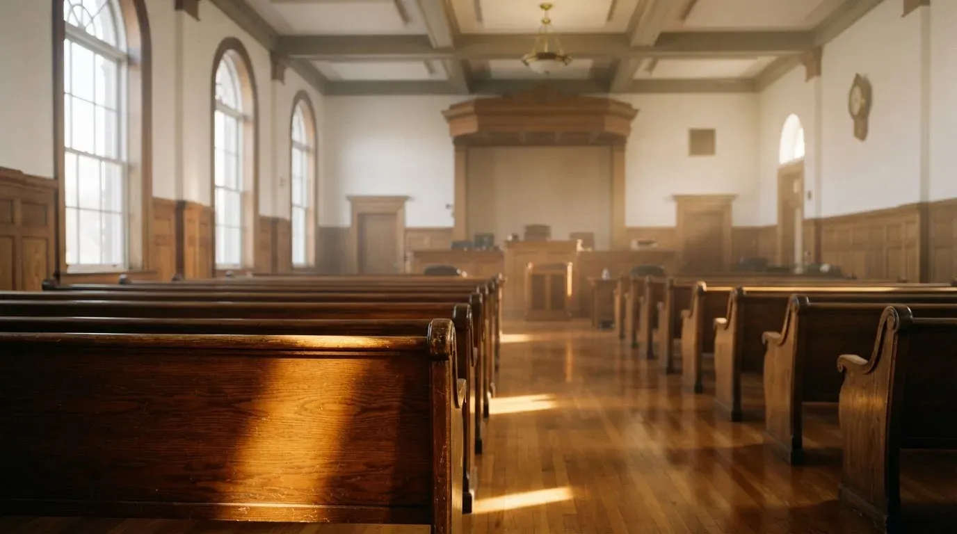 An empty courtroom with wooden benches in morning light