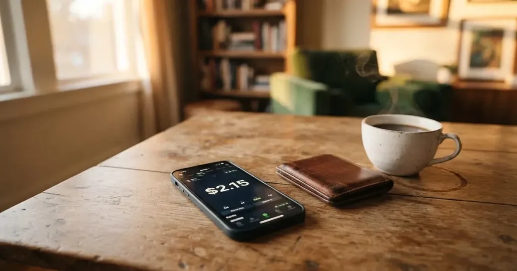 A smartphone on a wooden table beside a wallet and a coffee cup
