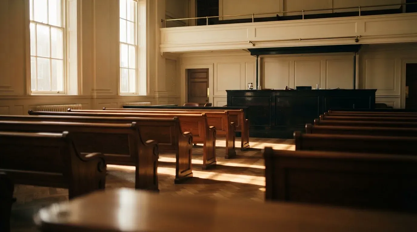 An empty courtroom with wooden benches in morning light