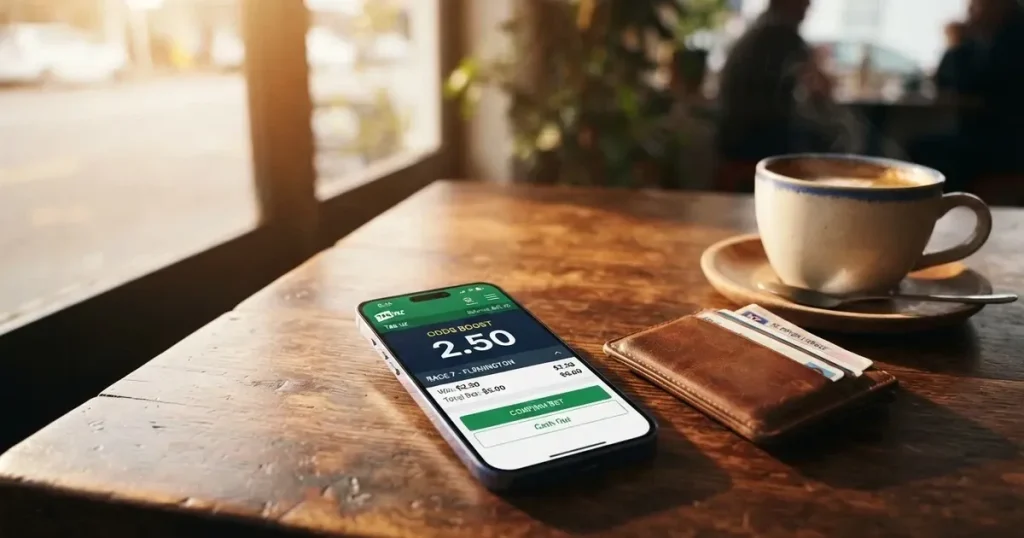 A smartphone on a wooden table beside a wallet and a coffee cup