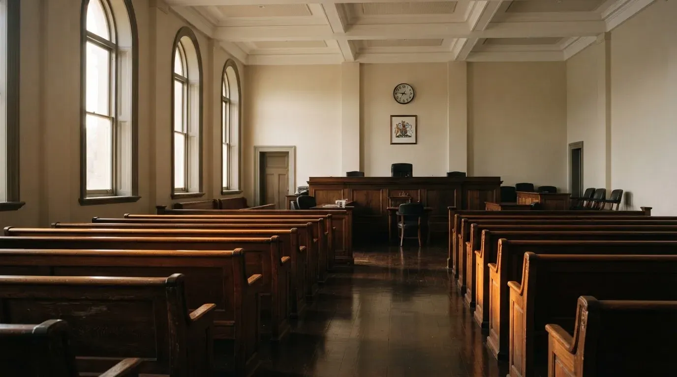 An empty courtroom with wooden benches in morning light
