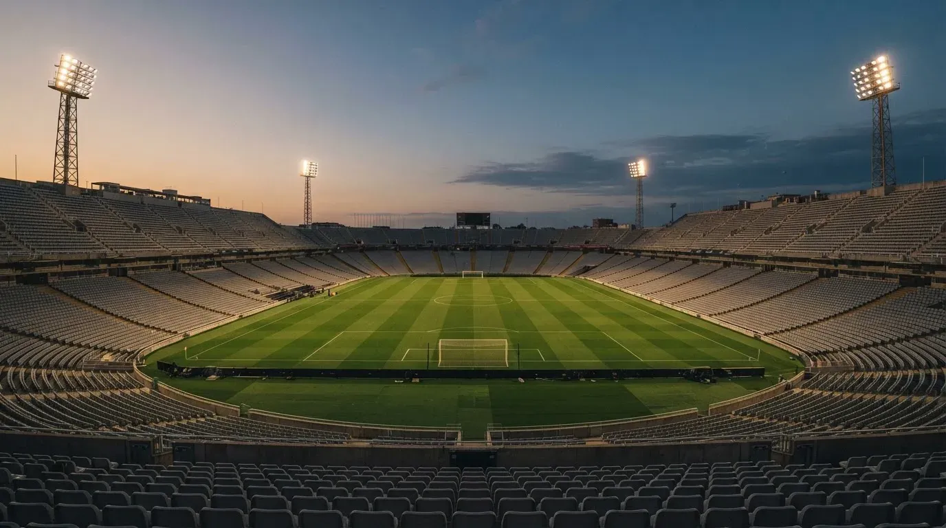 An empty football stadium with floodlight masts at dusk