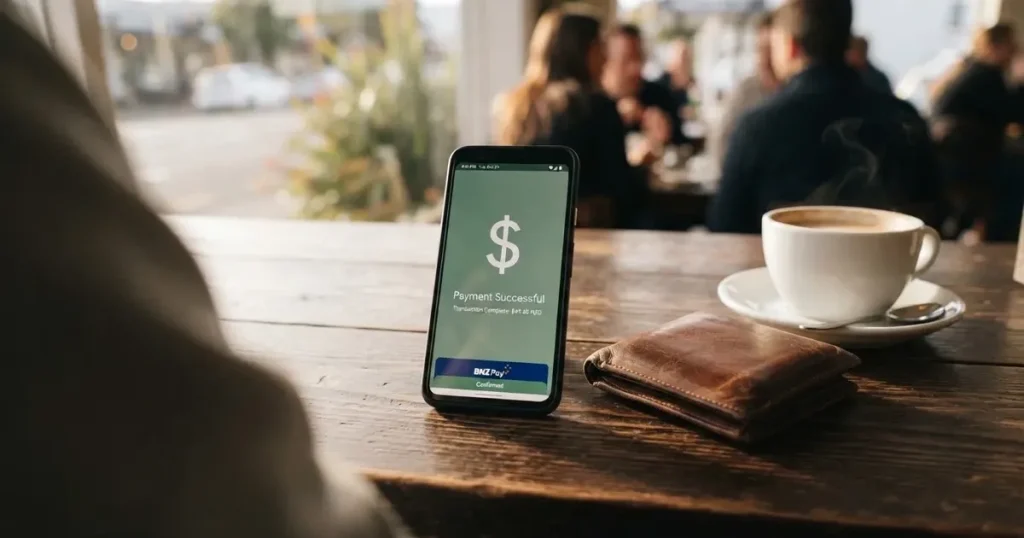 A smartphone on a wooden table beside a wallet and a coffee cup