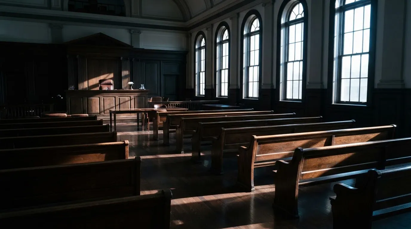 An empty courtroom with wooden benches in morning light