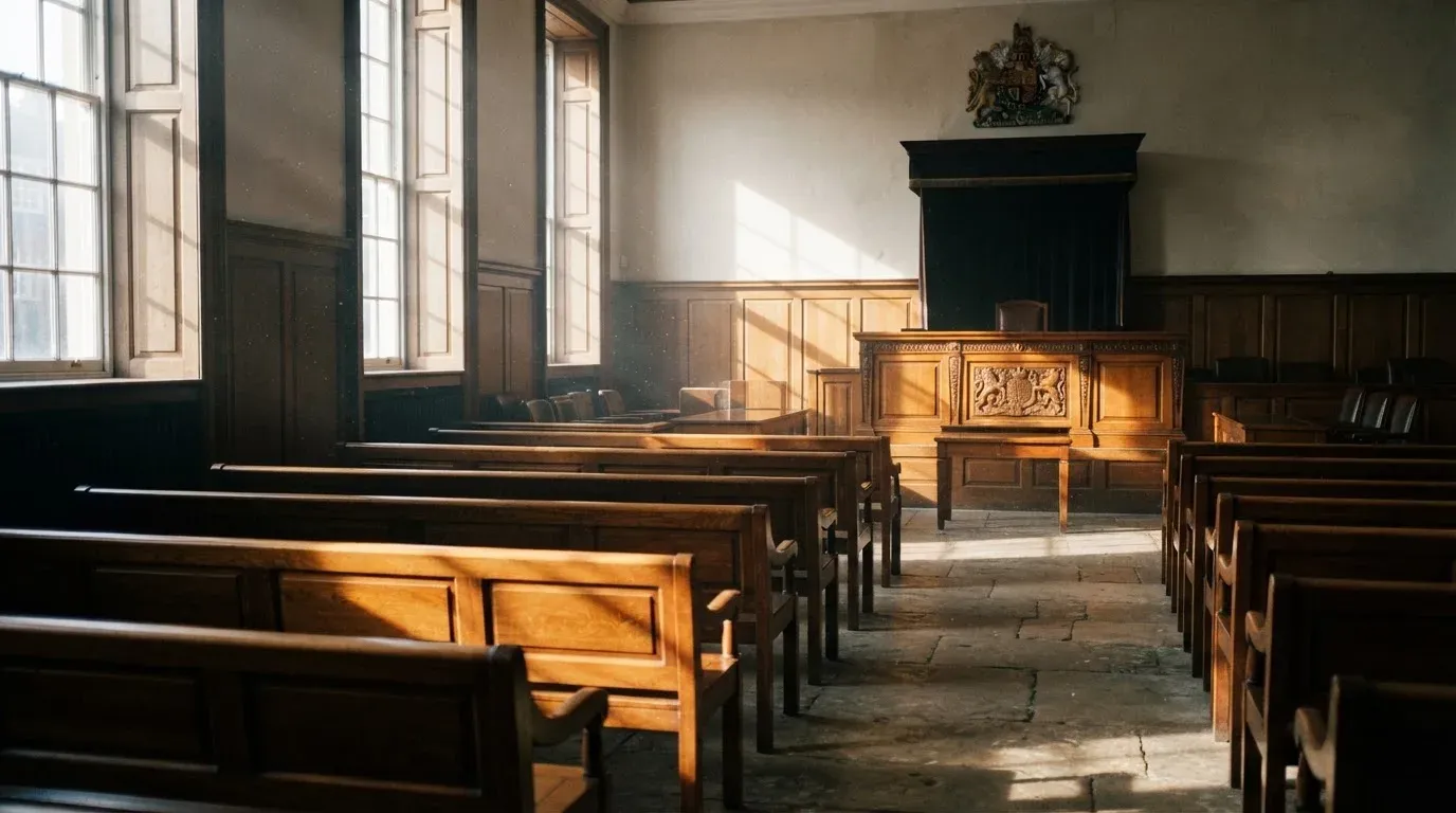 An empty courtroom with wooden benches in morning light