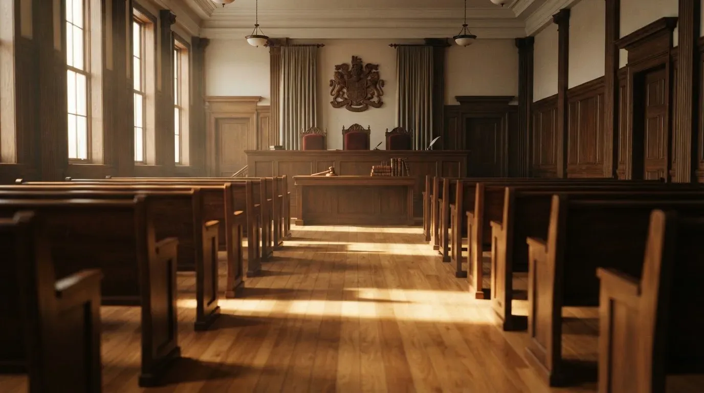 An empty courtroom with wooden benches in morning light