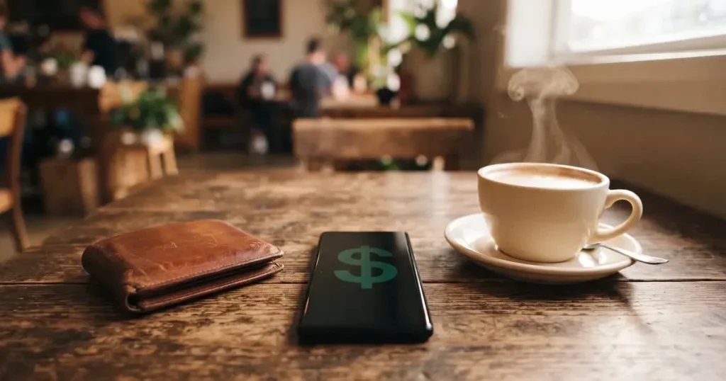 A smartphone on a wooden table beside a wallet and a coffee cup