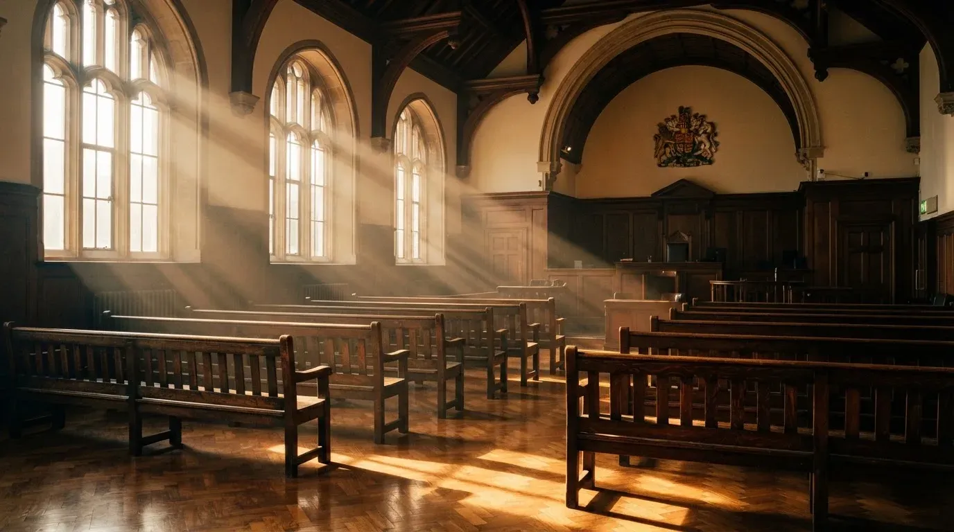 An empty courtroom with wooden benches in morning light