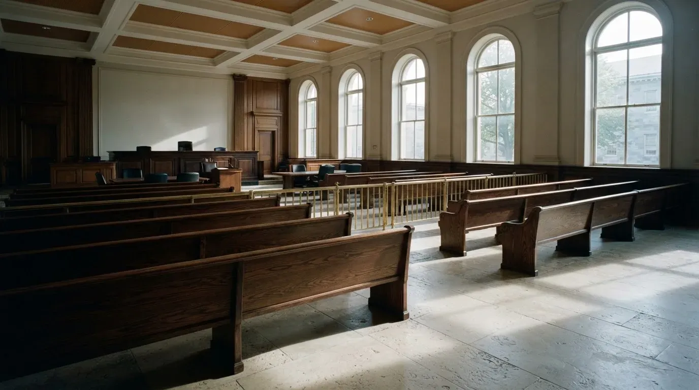An empty courtroom with wooden benches in morning light