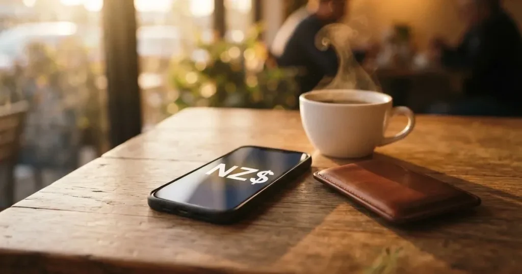 A smartphone on a wooden table beside a wallet and a coffee cup