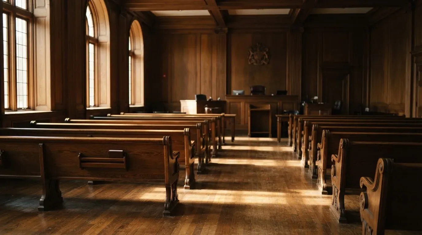An empty courtroom with wooden benches in morning light