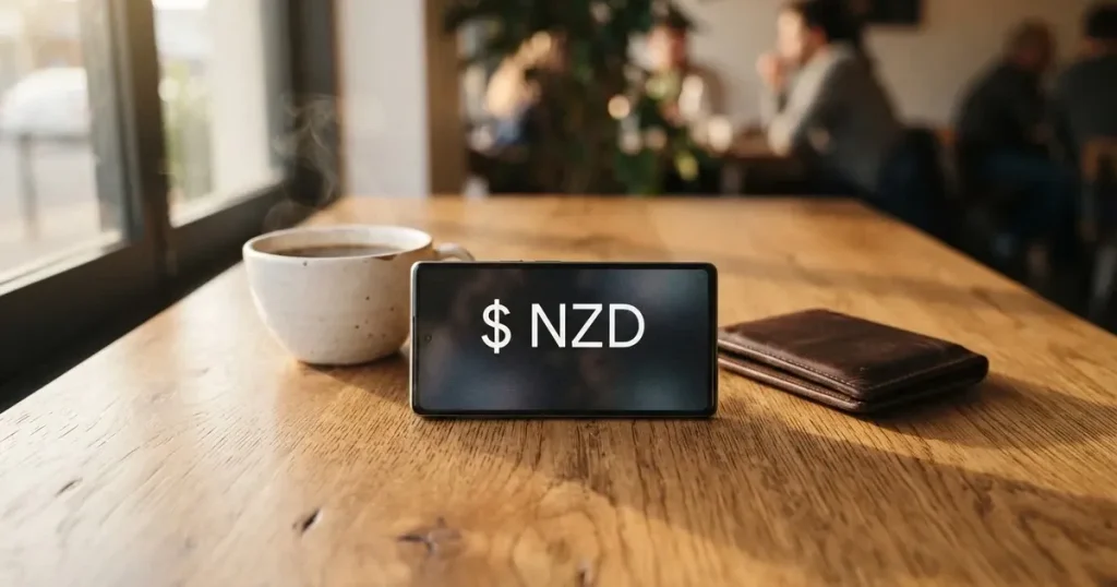 A smartphone on a wooden table beside a wallet and a coffee cup