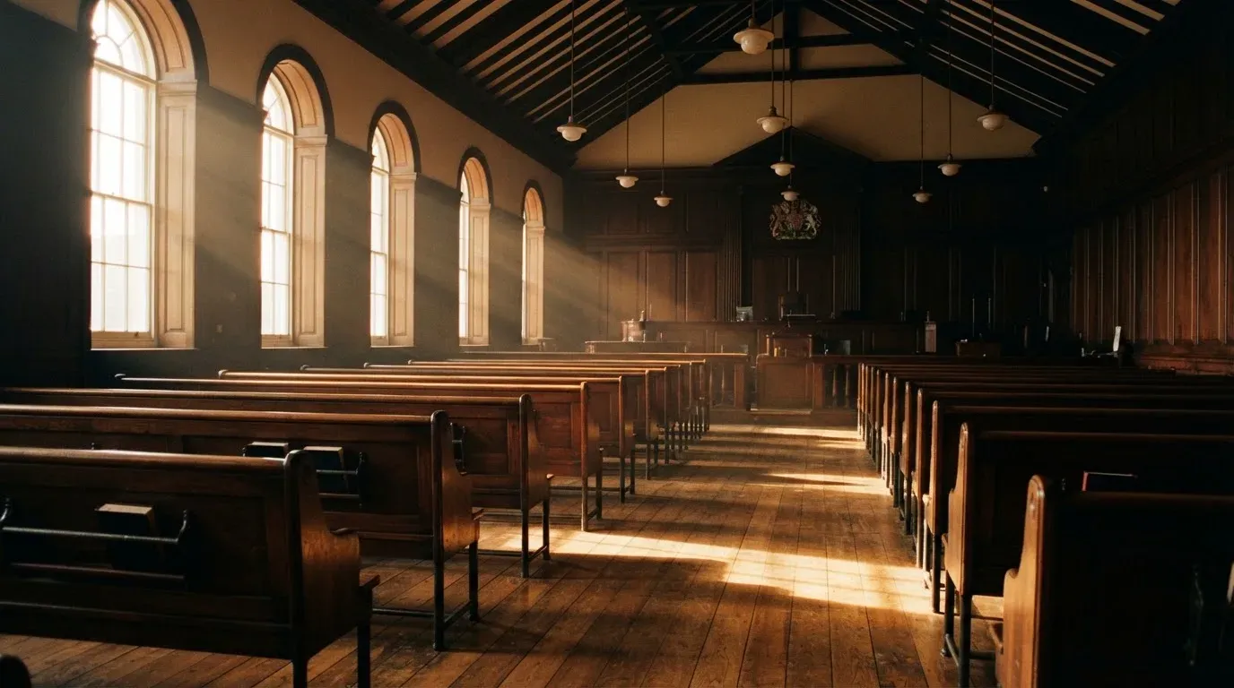 An empty courtroom with wooden benches in morning light