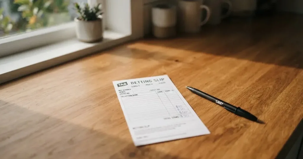 A blank paper betting slip beside a pen on a wooden counter