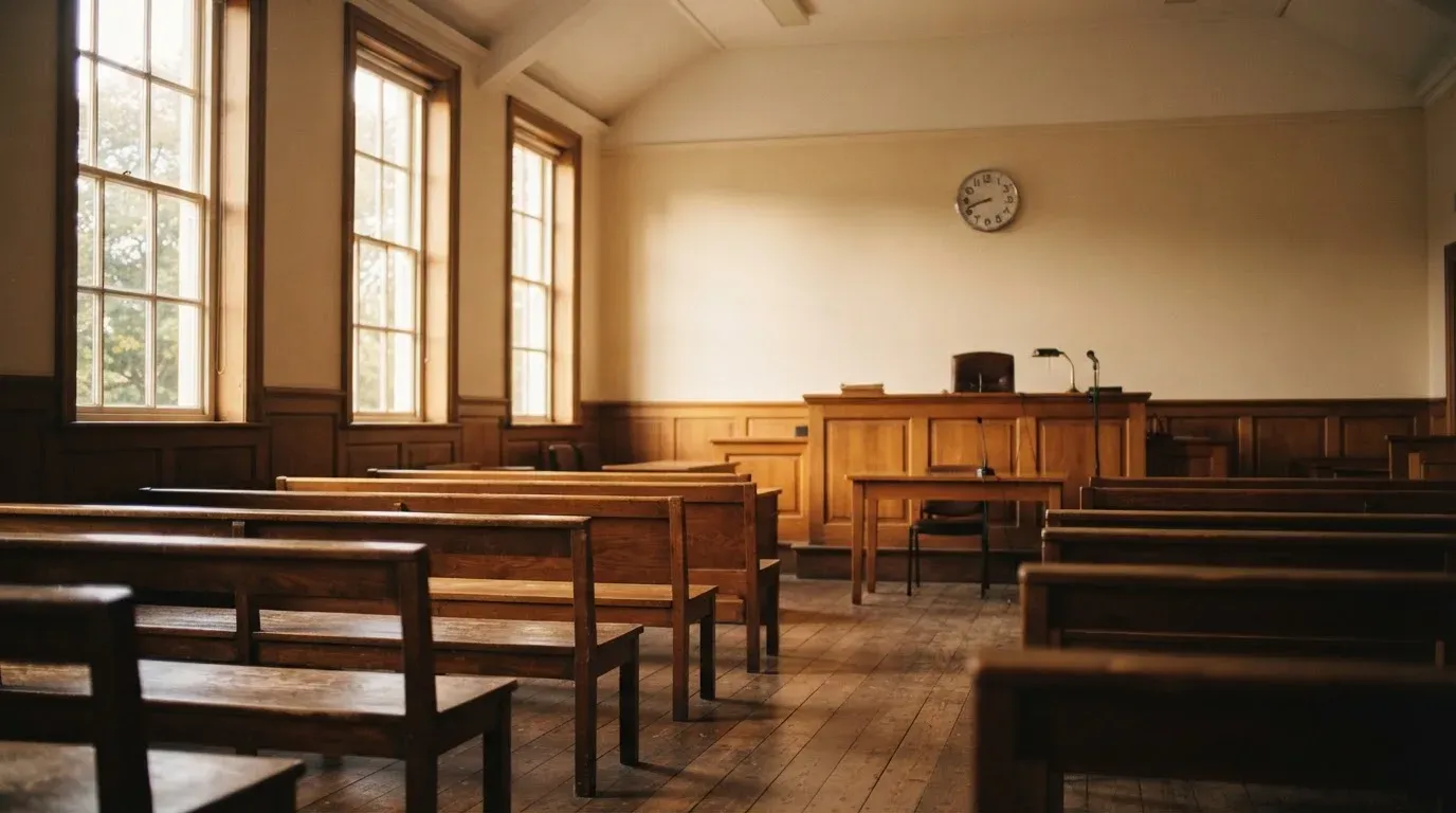 An empty courtroom with wooden benches in morning light