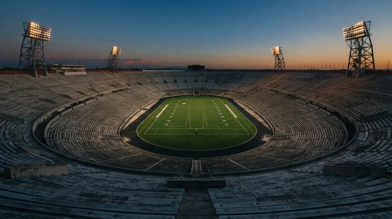 An empty football stadium with floodlight masts at dusk