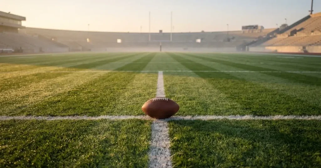A ball on the centre spot of a grass pitch in morning light