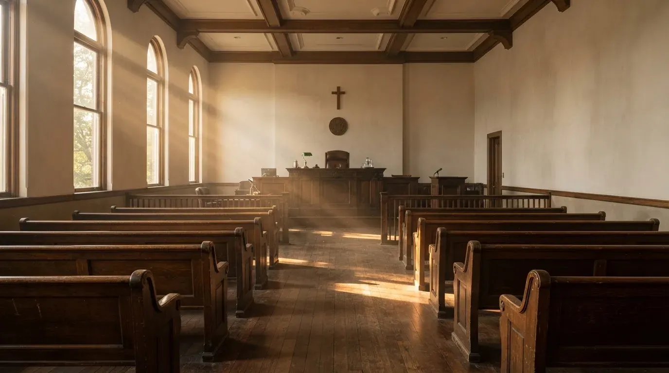 An empty courtroom with wooden benches in morning light