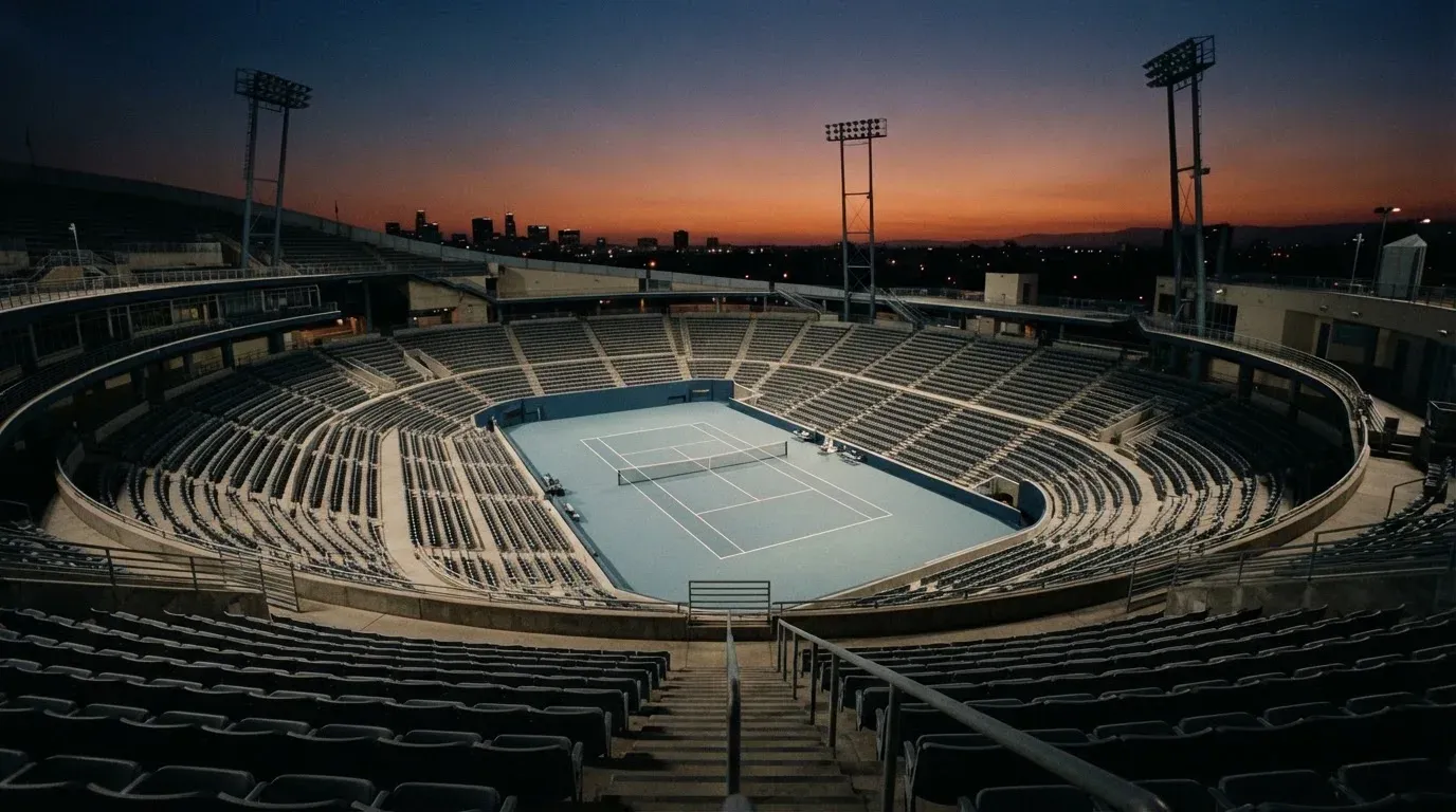 An empty football stadium with floodlight masts at dusk
