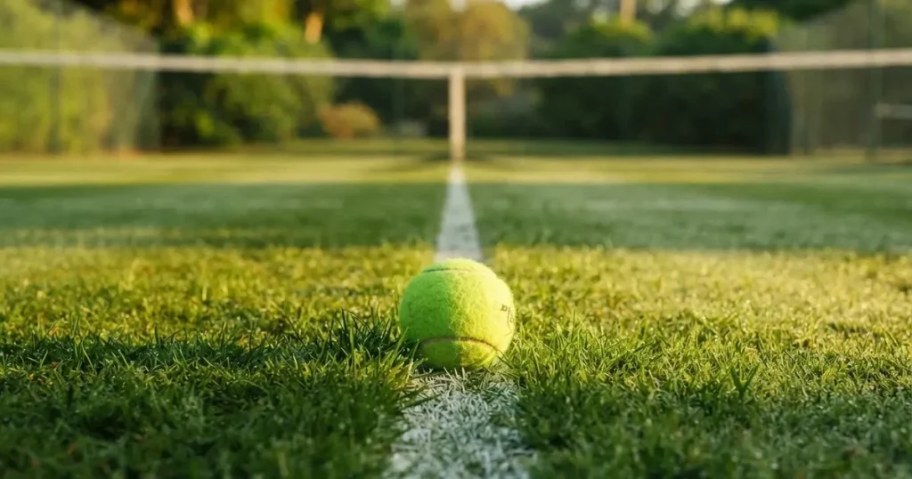 A ball on the centre spot of a grass pitch in morning light