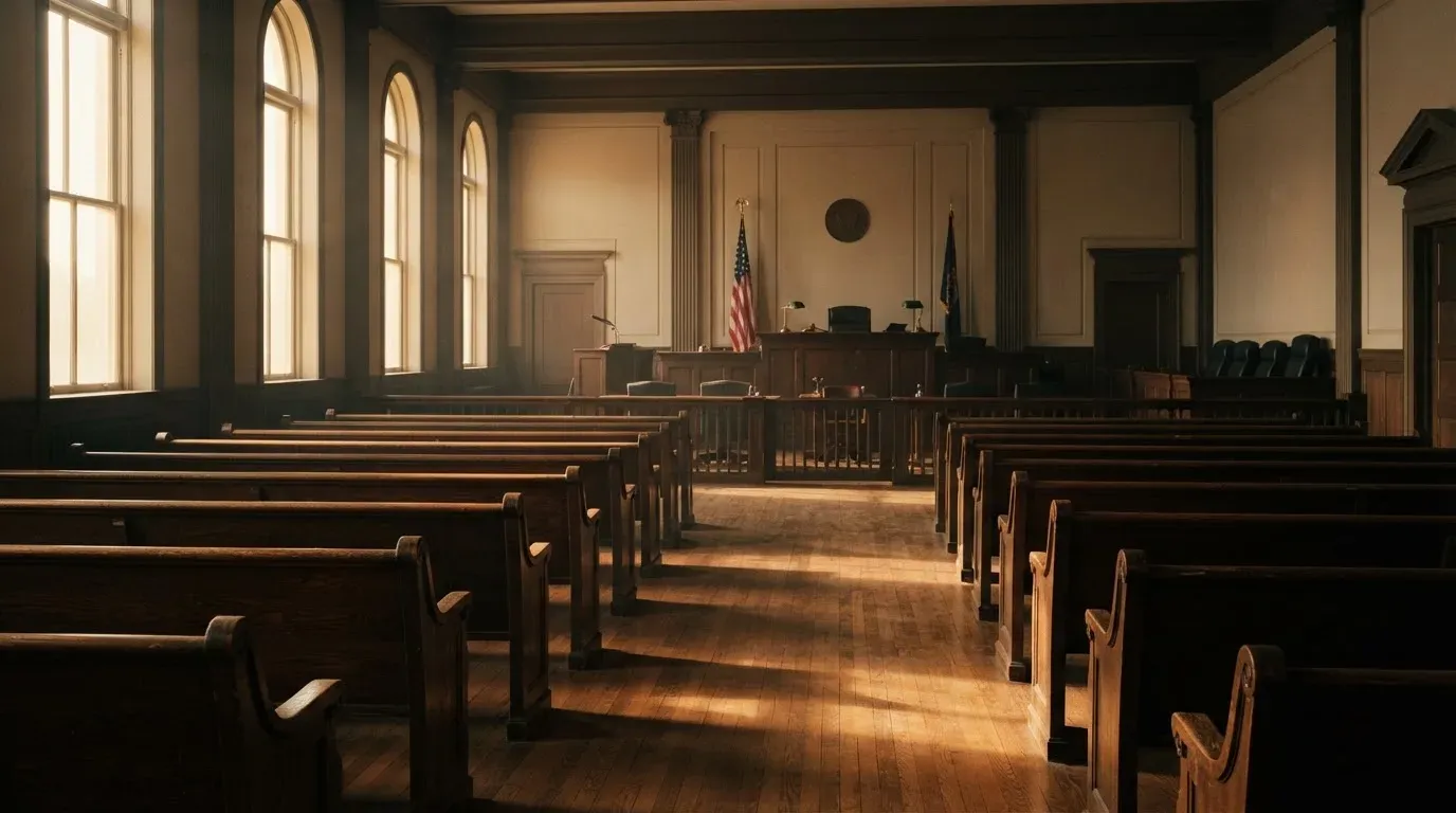 An empty courtroom with wooden benches in morning light