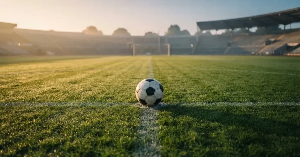 A ball on the centre spot of a grass pitch in morning light
