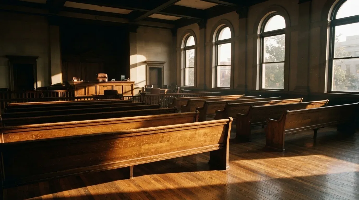 An empty courtroom with wooden benches in morning light
