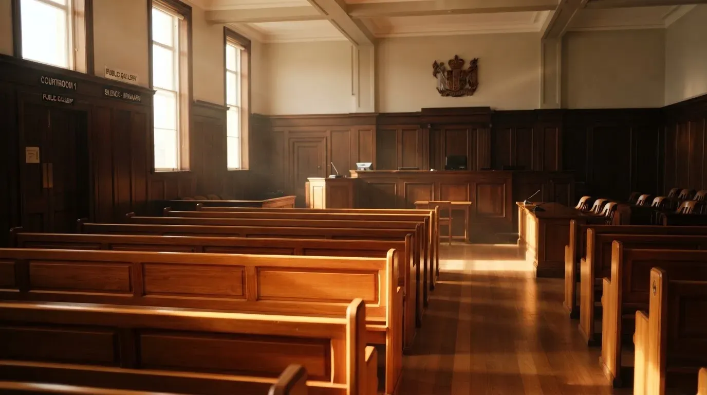 An empty courtroom with wooden benches in morning light