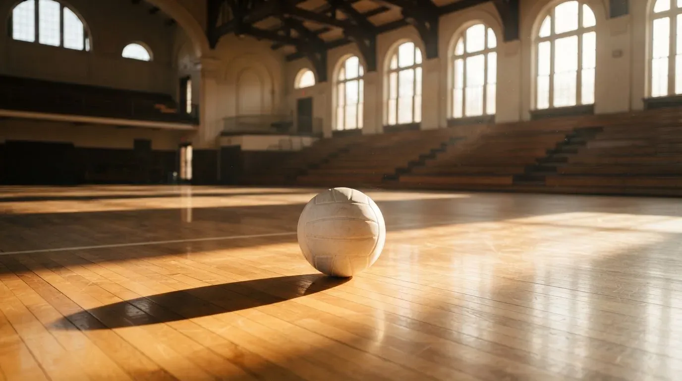 An empty courtroom with wooden benches in morning light