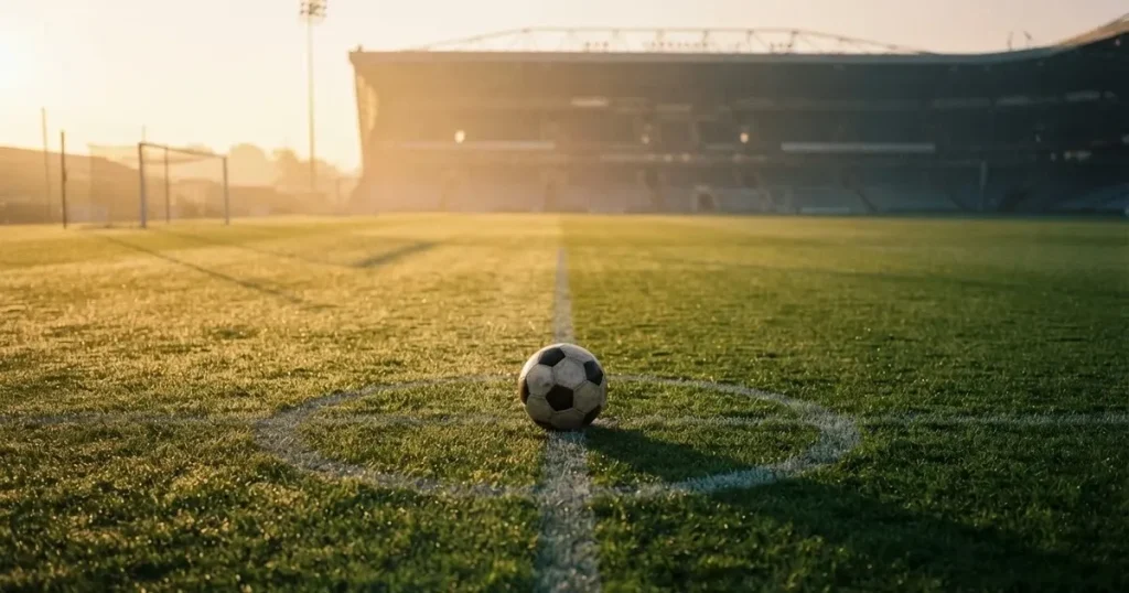 A ball on the centre spot of a grass pitch in morning light