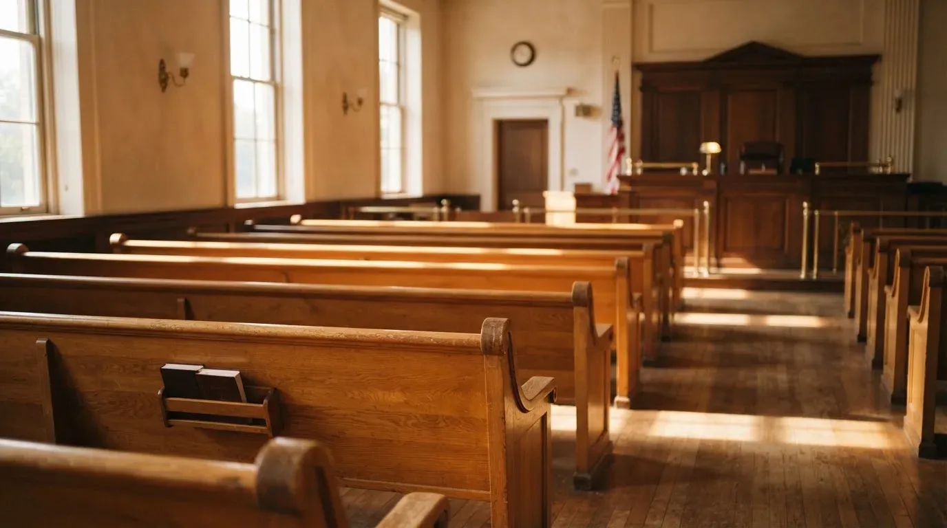 An empty courtroom with wooden benches in morning light